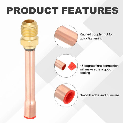 Graphic of 5 Pcs Flare Connector Set For Three Eighths Inch SAE 45 Degree Brass Pipe Fittings, highlighting features like knurled nut.