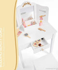 Kids Vanity Table Set With Gold Bow for Little Girls with makeup accessories and mirror