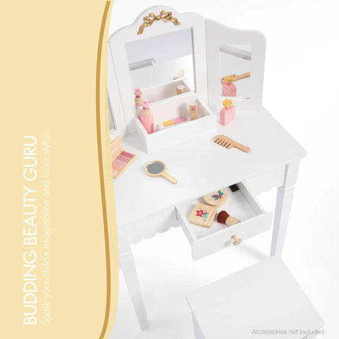 Kids Vanity Table Set With Gold Bow for Little Girls with makeup accessories and mirror