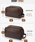 Built Tough PU Leather Toiletry Bag For Men, Big Time Capacity Travel Dopp Kit, Dark Brown with dimensions showing medium and large sizes.