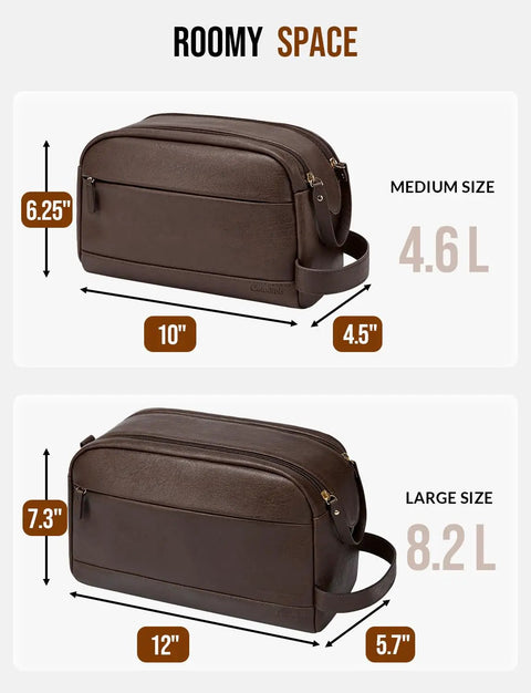 Built Tough PU Leather Toiletry Bag For Men, Big Time Capacity Travel Dopp Kit, Dark Brown with dimensions showing medium and large sizes.