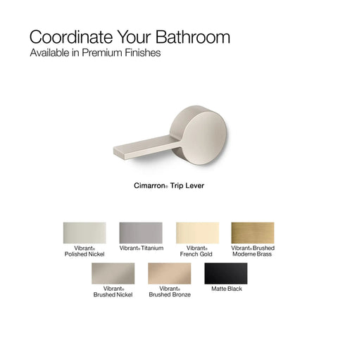 Cimarron Left Hand Trip Lever For Comfort Height Toilets In Vibrant Polished Nickel Finish, various finishes displayed.