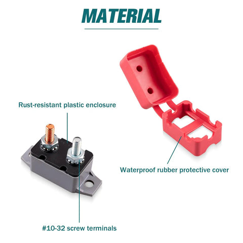 Two Pack 30A DC Circuit Breaker With Auto Reset For 12V And 24V Systems, Thermal Overcurrent Protection, Rugged Auto Reset Design, Easy Install With 10 32 Terminal Block, Perfect For Auto Marine RV Wiring And Power Circuits. rust-resistant plastic enclosure and waterproof rubber cover with #10-32 screw terminals