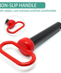 Beefy Heavy Duty Trailer Hitch Pin And Clip Set Seven Eighths By Four And A Half Inch Two Pack Red Handle Solid Steel With Black Coating Rust Resistant For Towing RV Boat Car Truck Gate And Tractor Pins non-slip handle close-up