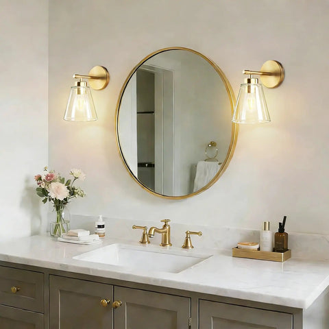 Gold Wall Sconces Set Of 2 Modern Industrial Brass Wall Lamps For Bedroom Living Room Kitchen Over Sink Hallway With Clear Cone Glass Shades Warm Ambient Lighting Easy Install Perfect For Bath Vanities
