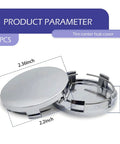 High Polish Silver Rim Hub Covers OD 60mm ID 56mm shown with dimensions, 4 Pack Universal Snap In Wheel Center Caps.