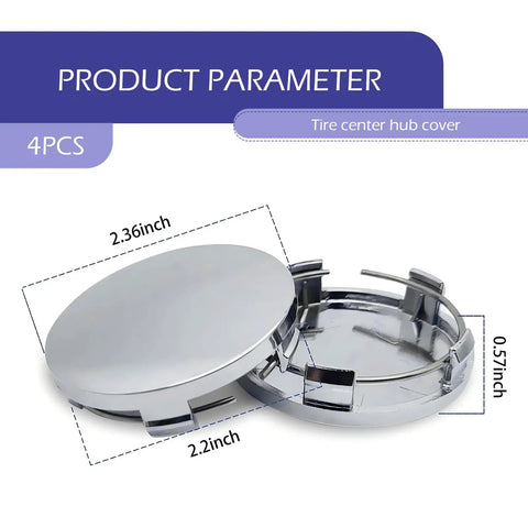 High Polish Silver Rim Hub Covers OD 60mm ID 56mm shown with dimensions, 4 Pack Universal Snap In Wheel Center Caps.