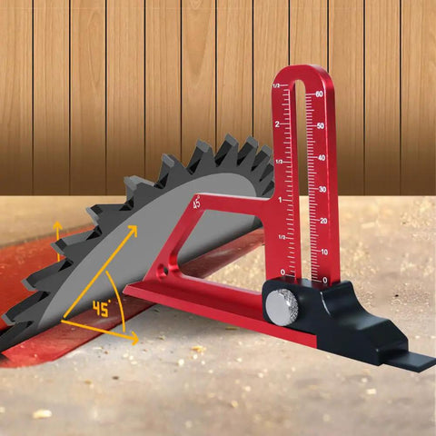 Rock Solid Aluminum Height Gauge And Table Saw Push Block With Dead On 0 To 60 Millimeter Adjustment, Integrated Metric And Imperial Scale, Heavy Duty Cutting Guide For Routers And Drill Presses showing 45-degree angle measurement.