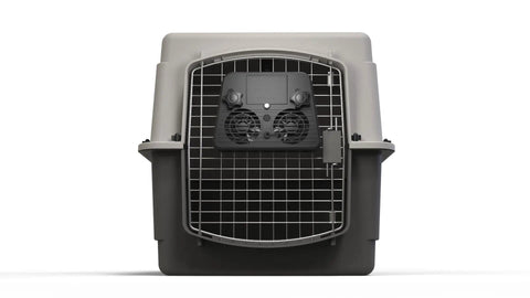 Vortex Kennel And Crate Fan With Dual Speed Operation 120V Or Rechargeable Battery Quiet Ventilation For Pets on a crate