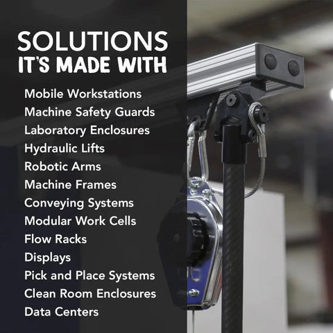 Image showing solutions made with Top Shelf 1.5 X 1.5 Inch Matte Black Plastic Square End Caps for T Slot Aluminum Framing.