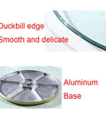 Round Glass Turntable With Aluminum Base For Dining Tables highlighting duckbill edge and aluminum base design.