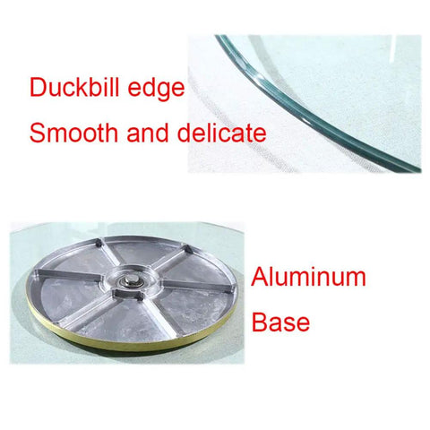 Round Glass Turntable With Aluminum Base For Dining Tables highlighting duckbill edge and aluminum base design.