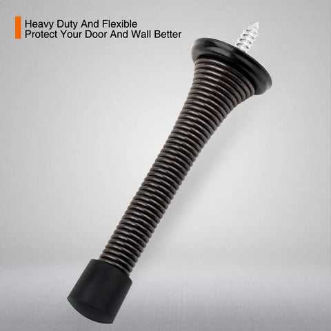 Two Pack Premium Spring Door Stoppers In Glossy Oil Rubbed Bronze Featuring Flexible Black Rubber Pads To Protect Drywall And Solid Doors Totally Effortless Setup For Quick Apartment Upgrades That Seriously Deliver - Close-up of a flexible spring door stopper with rubber base.