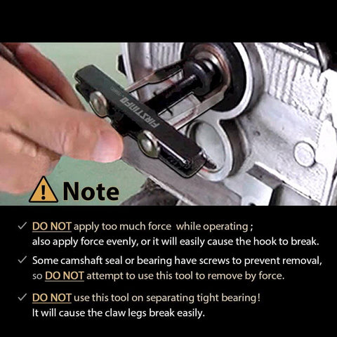 Crankshaft And Camshaft Seal Remover Puller Set With Two Pairs Of Hooks shown removing seal from engine.
