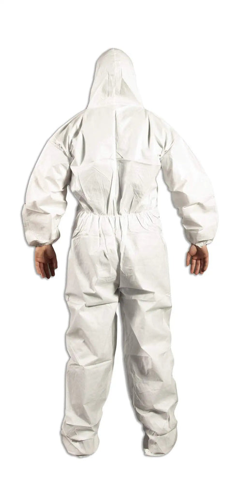 Back view of Disposable Protective Coveralls Hazmat Suit For Men And Women Lightweight SMMS Microporous Material With Zipper And Elastic Cuffs Unisex X Large 6 Pack For Lab Cleanroom Use And Safe Work