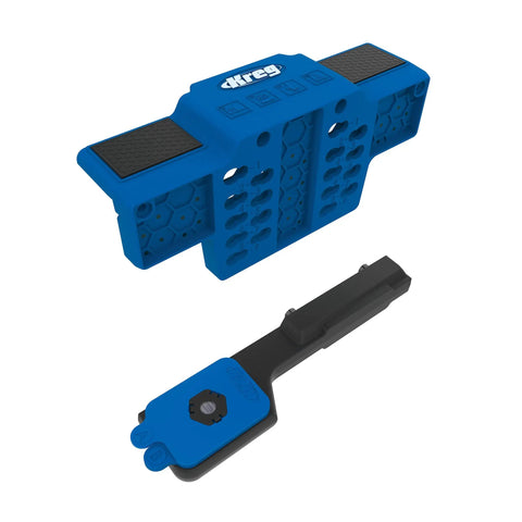 Cabinet Door Mounting Jig For Frameless And Face Frame Cabinets, adjustable hinge tool, blue plastic construction shown.