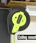Retractable Extension Cord Reel With 60 Foot 12/3 AWG SJTOW Beefy Heavy Duty Cord shown in ceiling mount, Flexzilla branding
