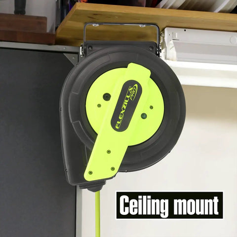 Retractable Extension Cord Reel With 60 Foot 12/3 AWG SJTOW Beefy Heavy Duty Cord shown in ceiling mount, Flexzilla branding
