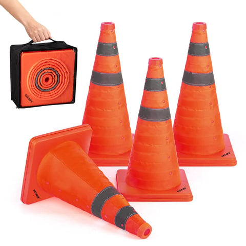 Set of 4 Pack 18 Inch Collapsible Traffic Cones With Reflective Collar, one collapsed in a carrying case, for road parking and practice