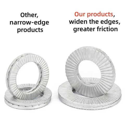 Double Layer Self Locking Belleville Washers For Auto And Industrial Use, Vibration Resistant Anti Loosening Fasteners, Heavy Duty Hardware In Stainless Steel Or Dacromet Finish For Harsh Outdoor, Chemical, Or Construction Equipment Maintenance, stacked ring view