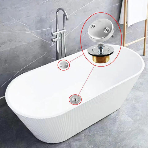 Heavy Duty Stainless Steel Tub Overflow Faceplate With Matched Screws fitting standard bathroom drains on white modern tub.