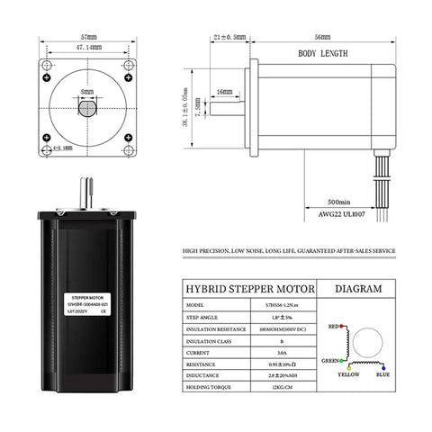 Technical diagram and side view of Nema 23 CNC Stepper Motor Kit 3A 1.2Nm With Optional TB6600 DM542 DM556 Drivers