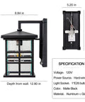 Weatherproof Outdoor Wall Sconce Lantern, 1 Light Black Exterior Fixture With Seeded Glass, Anti Rust Aluminum, size specs shown