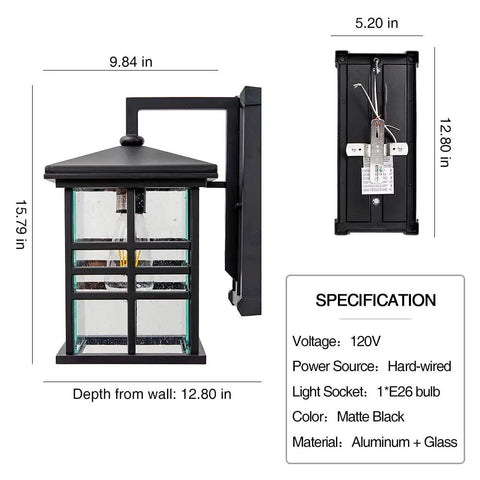Weatherproof Outdoor Wall Sconce Lantern, 1 Light Black Exterior Fixture With Seeded Glass, Anti Rust Aluminum, size specs shown