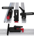 Solid Aluminum Miter Track Stop For Workbenches Featuring A Swift T Slot Flip Lever And A Slick Sliding Fence Limiter That Runs Like Butter And Locks Dead Flat Every Time on T-slots with gray rails.
