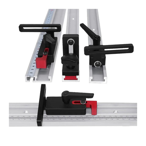 Solid Aluminum Miter Track Stop For Workbenches Featuring A Swift T Slot Flip Lever And A Slick Sliding Fence Limiter That Runs Like Butter And Locks Dead Flat Every Time on T-slots with gray rails.