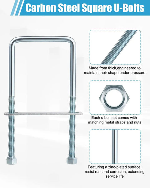 6 Pack Square U Bolts With Nuts And Straps Included, 3 Inch Wide Zinc Plated Carbon Steel U Bolts, with close-up details