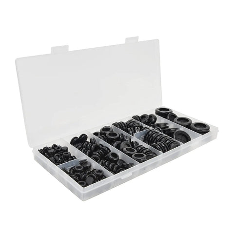 170 Piece Rubber Grommets Kit With Heatproof And Wearproof Protection For Auto, Plumbing, And Wires, Includes Divided Storage Case, Low Profile Grommets For Tight Spaces, Garage Ready Protection For Holes And Cables From Sharp Edges. divided case with black rubber grommets