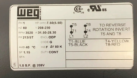 Label on Heavy Duty 7.5HP 3450 RPM 1 Phase Compressor Electric Motor 213T Frame Rock Solid Built to Last for Air Compressors