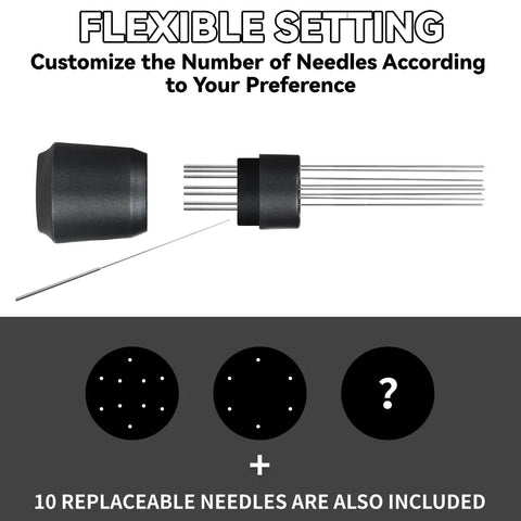 Magnetic WDT Tool For Espresso Machines With Aluminum Alloy Build, Blunt Polished Needles, And Magnetic Storage On A Stand, replaceable needles shown
