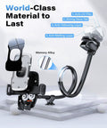 Heavy Duty Universal Car Truck Phone Mount With Rock Solid 14 Inch Gooseneck Long Arm and No Fuss Quick Release Button for Top Shelf One Hand Operation Plus Straight Shot Line Of Sight View with anti-UV film and strong nano gel.