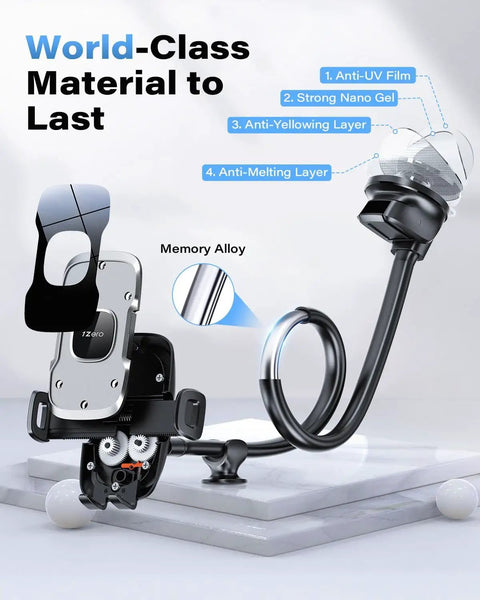 Heavy Duty Universal Car Truck Phone Mount With Rock Solid 14 Inch Gooseneck Long Arm and No Fuss Quick Release Button for Top Shelf One Hand Operation Plus Straight Shot Line Of Sight View with anti-UV film and strong nano gel.
