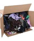 Box of low lint reclaimed cotton polo shop rags, assorted colors, 10 lbs, for auto home and workshop use, eco-friendly and reusable.