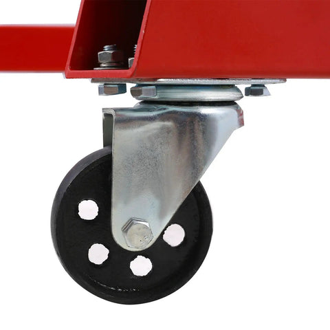 Close-up of the durable wheel and caster mechanism of the Heavy Duty 2 Ton Folding Engine Hoist 4000 LB Cherry Picker.