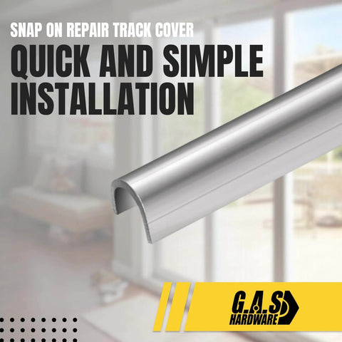 Snap On One Quarter Inch Stainless Steel Sliding Glass Door Track Cover Repair For Patio Doors Replacement Track Cover To Fix Worn Tracks And No More Sticking Doors And Get Smooth Gliding 6 Feet Long, illustrated against a home interior with large window and couch