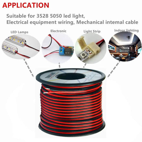22 AWG Electrical Wire For LED Strips 100 Ft Red Black 2 Pin Extension Cable DC 12V 24V Spool for lighting applications