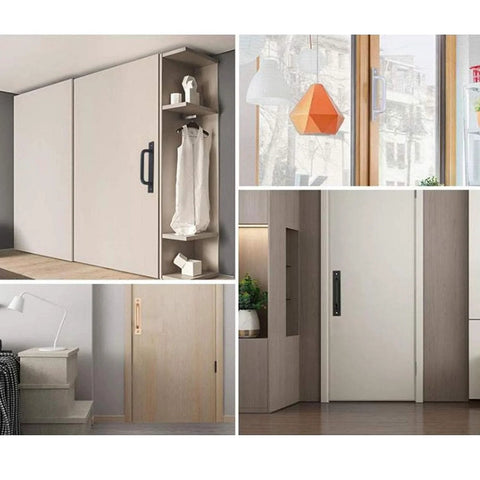 Heavy Duty Barn Door Handle Set Flush Mount Long Base Pulls installed on modern doors and cabinets in home interior settings.
