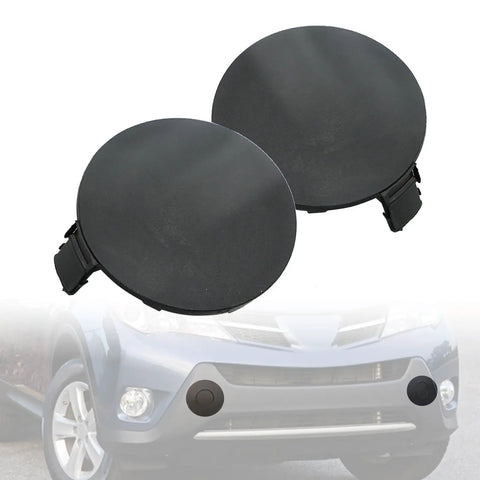 Left And Right Front Bumper Tow Hook Cover Caps For Toyota RAV4 2013 2014 2015 2 Pack Replacement Tow Eye Covers shown on car