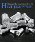 160 Piece Aluminum Alloy Flat Head Rivet Nut Kit M3 M4 M5 M6 M8 M10 Threaded Nutserts on black surface