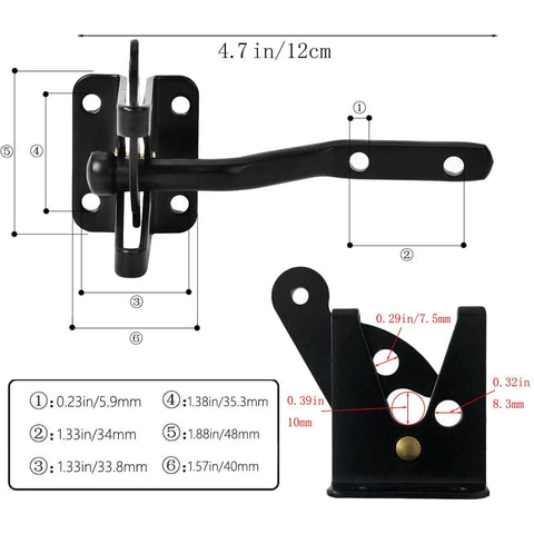 Self Locking Gate Latch With Post Mount For Wood Fence Gates, Automatic Gravity Lever, 4.7 Inch Black Finish dimensions