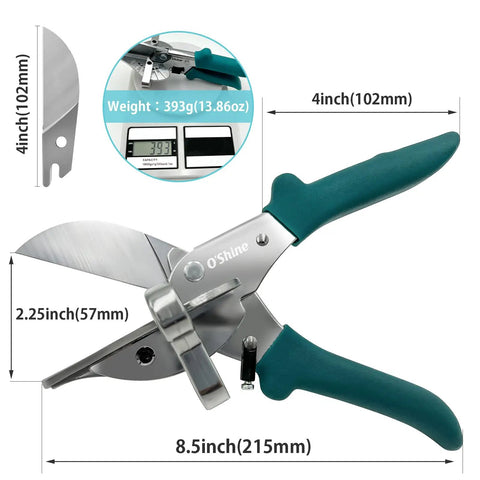 Multi Angle Miter Shears For Angular Cutting And Molding Crafting Shoe Molding Cutter Tool 45 To 135 Degree Trim Cutter Hand Tool For Soft Wood PVC Includes Extra Blade And Sheath SK5 Steel Blade, showing dimensions and weight.