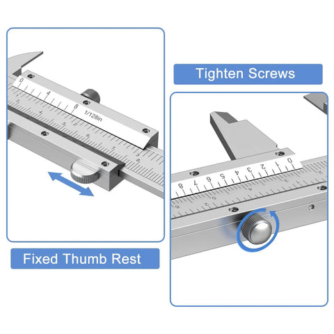 6 Inch Vernier Caliper Handy Non Digital Tool with smooth sliding thumb rest and tighten screws visible, made of carbon steel.