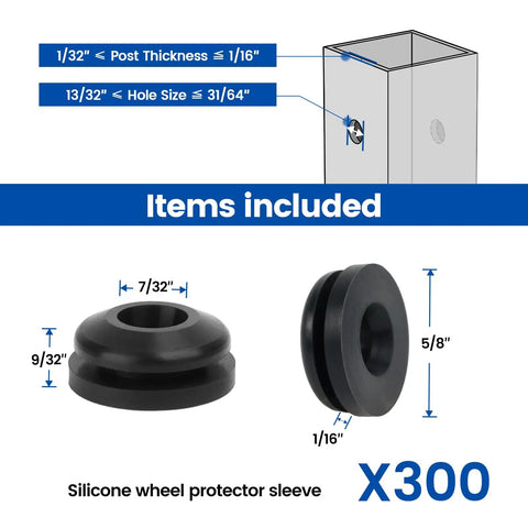 Diagram of 300 Pack Black Silicone Cable Railing Grommets For Level And 25 30 35 Degree Stairs with dimensions