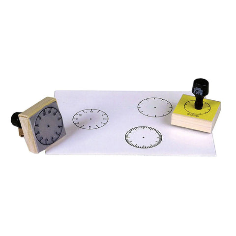 Totally Sweet Wooden Analog Clock Stamp Set for Kids Learning To Tell Time with detailed clock face stamps and paper.