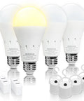 Rechargeable Emergency Light Bulb Battery Powered 9W LED 850 Lumens Soft White 3000K E26 120V UL Listed 4 Pack For Power Outages Camping Reading Hurricane Prep. Four bulbs with accessories included.
