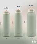Comparison of Pop And Fill 22oz, 32oz, and 40oz Stainless Steel Water Bottles with Quick Fill Lid, Pistachio color.